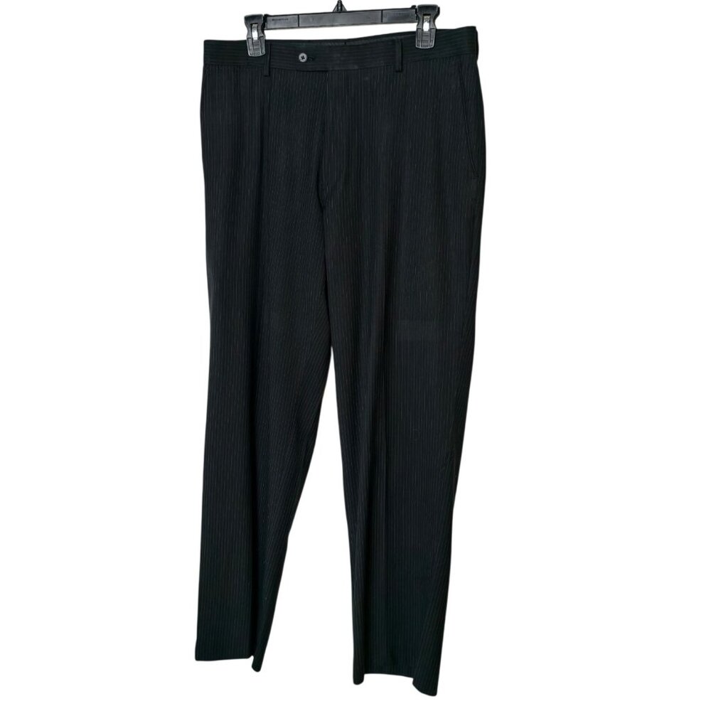 J. Ferrar Mens Pinstripe Dress Pants 34X32 Black Slim Fit Trousers Flat Front